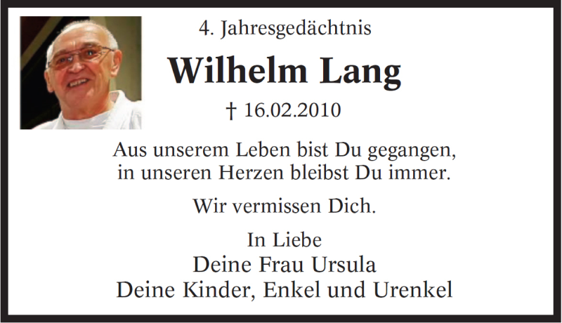  Traueranzeige für Wilhelm Lang vom 15.02.2014 aus Tageszeitung